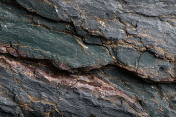 A detailed close-up view of a textured rock face, showcasing intricate layers and patterns of dark gray, teal, and muted reddish-brown hues.