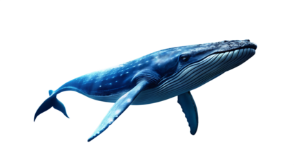 A majestic blue whale swimming gracefully in the ocean, isolated on transparent background