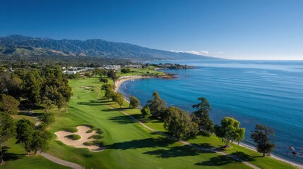 Stunning coastal golf course with lush greenery and scenic ocean views under clear sky.