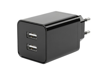 Black dual usb wall charger adapter isolated on transparent background