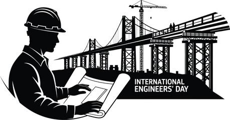 A silhouette of an engineer with a blueprint in front of a bridge construction for international engineers day