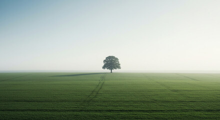 Solitary tree stands in a misty, green field under a bright, hazy sky, casting a long shadow.