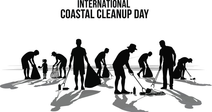 International coastal cleanup day illustration featuring volunteers cleaning the beach