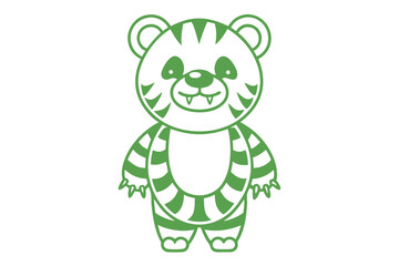 Cartoon beartiger hybrid standing in green line art with cute smile and paws