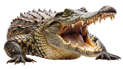 Fototapeta premium A fierce alligator with its mouth wide open, showing sharp teeth, isolated on transparent background