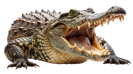A fierce alligator with its mouth wide open, showing sharp teeth, isolated on transparent background