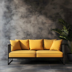Modern minimalist sofa with a sleek matte black metal frame soft curved yellow cushions set against a textured concrete wall The overall aesthetic is contemporary w