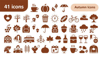 A collection of 41 brown-colored autumn-themed icons arranged in a grid layout on a white background.  