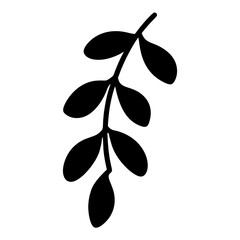 Silhouette of branch with leaves icon- Black silhouette of a leafy branch with simple oval leaves, representing nature, plant life, decoration, and botanical design