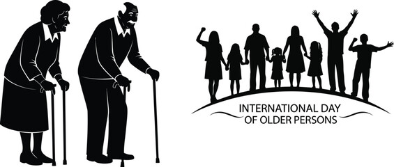 Silhouette illustration of elders and family celebrating international day of older persons, promoting intergenerational connection
