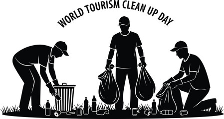 Illustration of silhouette volunteers cleaning up trash for world tourism clean up day, promoting environmental responsibility and sustainability