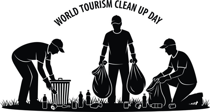 Illustration of silhouette volunteers cleaning up trash for world tourism clean up day, promoting environmental responsibility and sustainability