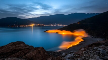 Serene Night View of a Calm Bay with Glowing Lights and Mountain Background