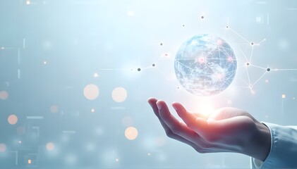 Horizontal futuristic concept, human fingertip touches glowing sphere of digital nodes, radiant spark spreads across network, bright white-blue gradient background.
