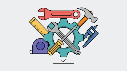 Collection of colorful tools arranged around a central gear on a light gray background wrench