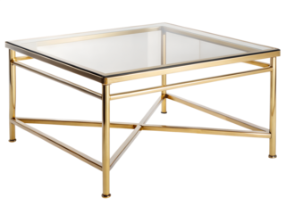 Elegant gold and glass coffee table isolated on transparent background, showcasing modern design and luxurious style for home interior decor