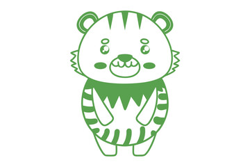 A cute cartoon tiger cub appears to be happily smiling with a green outline