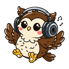 A cute doodle style owl vector in headphones, flat color cartoon isolated on a white background. lovely illustration for music-themed.