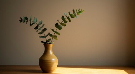 Vase with eucalyptus branches on a wooden surface against a neutral background