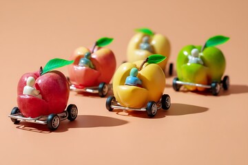 Colorful apple cars with miniature figures racing for healthy eating and creative transportation solutions
