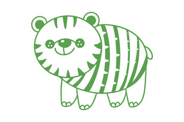 A charming tiger outline, colored in green, features cartoonish stripes and buttons for eyes