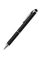 Elegant black ballpoint pen and stylus combo on a seamless dark transparent background