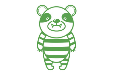 Cartoon panda with striped body shows funny teeth in green outline on white