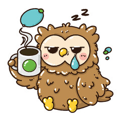A cute doodle style sleepy owl holding a coffee mug, flat color cartoon isolated on a white background. Lovely illustration for cozy design, clipart, artwork.