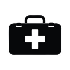 Obraz premium Black and white first aid kit icon with a prominent white cross, First kit box silhouette vector illustration