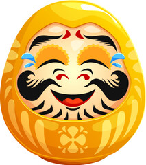 Daruma Japanese doll of Japan culture and talisman with laughing face, cartoon vector. Golden or yellow Daruma doll symbol of honour, fame or fortune, beauty, success or wealth in Japanese art