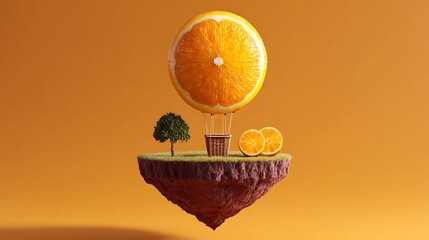 Orange slice hot air balloon floating island with tree and orange slices 3d render