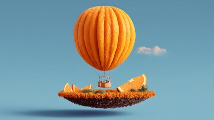 Orange fruit hot air balloon floating island with slices in a surreal sky 3d render for summer travel concept design