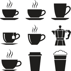 Coffee cup and mug silhouette icons, espresso, tea, takeout drinks, moka pot vector set, perfect for café, branding, menu design