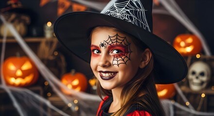 a girl kid with Halloween makeup and costume smiling