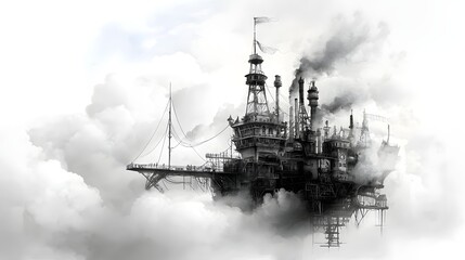 Fototapeta premium Futuristic Oil Rig on Clouds in a Surreal Landscape with Industrial Elements