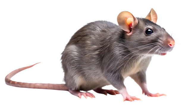 Grey rat standing and looking to the side, isolated on transparent background