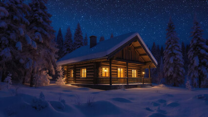 Cozy Log Cabin in Snowy Forest Under a Starry Night Sky, Warm Glow Emanating from Windows