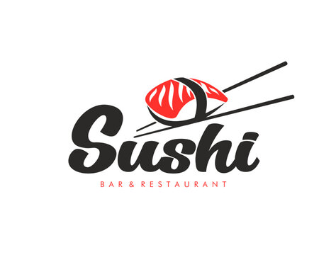 Japanese salmon sushi restaurant icon featuring bold black typography and red sashimi roll on chopsticks, emphasize appetizing brand identity, dining experience. Vector emblem for Asian sushi bar