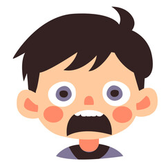 Cartoon boy scared expression with wide eyes and open mouth, illustrated in flat style, isolated on white background.
