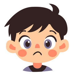 Cute cartoon boy disappointed face expression, illustrated in vector flat style, isolated on white background for design.
