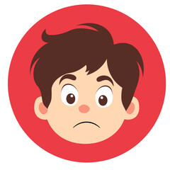 Cute cartoon boy sad expression with downturned mouth, illustrated in simple flat style, isolated on white background.
