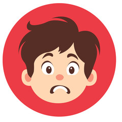 Cute cartoon boy with confused facial expression, illustrated in flat style, isolated on red circle background vector.
