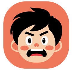 Cartoon boy with surprised face expression, wide eyes and open mouth, isolated on orange background.