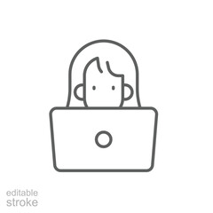 Laptop Student Woman Outline Icon Editable Stroke Online Education