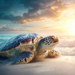 Fototapeta premium A sea turtle rests on a sandy beach at sunrise, with waves and a colorful sky in the background