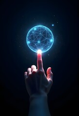 Cinematic vertical futuristic scene, human hand touches glowing digital sphere, neon blue-white light, large negative dark space with faint particles.