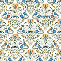 Vibrant floral pattern with wildflowers and whimsical birds, perfect for various design projects