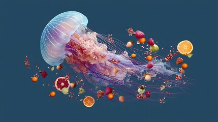 Surreal jellyfish composition with floating fruits like oranges raspberries and strawberries on a blue background for creative designs