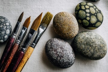 Collection of paintbrushes and smooth stones arranged on a textured surface, showcasing art supplies