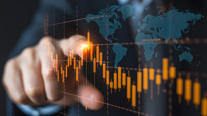 A hand touching a glowing stock chart overlayed on a world map showing global market analysis